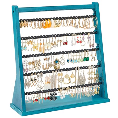 Poyilooo Earring Organizer Stand, Rustic Wood Earring Holder Rack, 5 Layer Jewelry Holder Organizer with 270 Earring Tree Holes Display for Stud Earings & Hoop Earrings, Gifts for Women (Teal) - color: Teal
