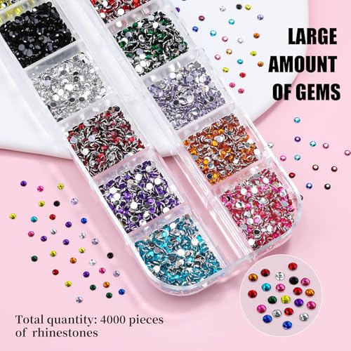 4000pcs 2mm Flatback Nail Art Rhinestones, Resin 3D Sparkling Nails Crystal Diamonds Gems Mini Charms with Tweezers and Dual-end Brush for Nail Art, Crafts Artwork DIY, Face Makeup Gems Jewels (6-K1) - color: 6-K1-soild-color