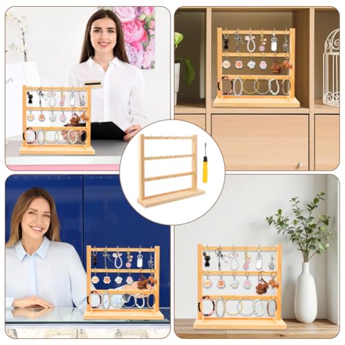 3 Tier Wooden Earring Display Stand With 18 Metal Hooks, Wood Keychain Display Stand for Showcasing Keys Jewelry and Accessories for Vendor Booth, Retail Store, Home