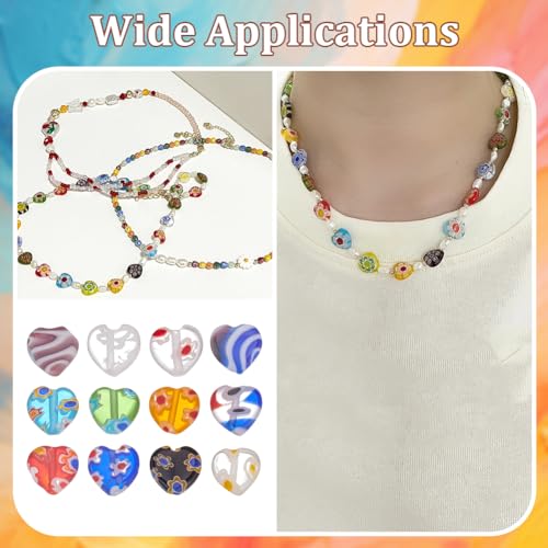100Pcs Heart Handmade Millefiori Lampwork Beads Glass Flower Bead 8mm Love Shape Loose Spacer Beads for Bracelets Necklace Earring Jewelry Making DIY Craft Beading Supplies - size: 8mm