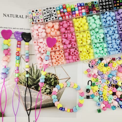 JJzxwish 1605 Pcs Hair Beads for Braids with Elastic Rubber Band Threaders Kit, Candy Color Acrylic Mickey Heart Star Alphabet Beads Pastel Pony Bead Kandi Bead for Bracelet Jewelry Making DIY Craft - color: Mickey Hair Beads