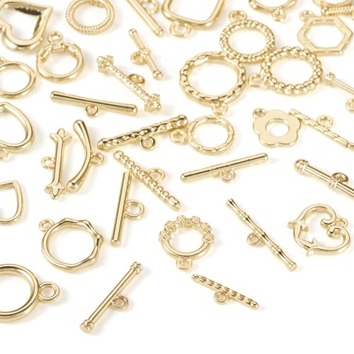 38Pcs Golden Toggle Clasp, 19 Styles Bracelet Closure Clasps IQ Toggle Clasps Oval Flower Heart Clasp Fastener Hook Toggle Connectors for Necklace Bracelet Jewelry Making - color: Golden-19 Styles