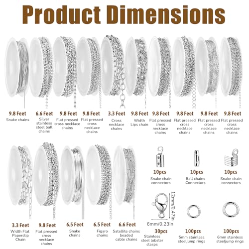 Afcabakila 15 Rolls Necklace Chains Stainless Steel Jewelry Chains Kit 118 Feet Silver for Jewelry Making DIY Necklace Bracelet Making with Jump Rings Lobster Clasps and Connectors