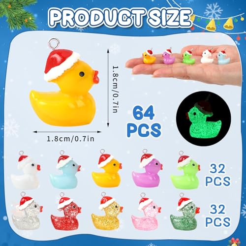 Augshy 64 Pcs Mini Christmas Ducks Charms, Luminous Glitter Resin Ducks Pendant Tiny Ducks Glow Mini Duck Ornaments for DIY Bracelet Necklace Jewelry Making Party Supplies - style: Christmas Ducks Style