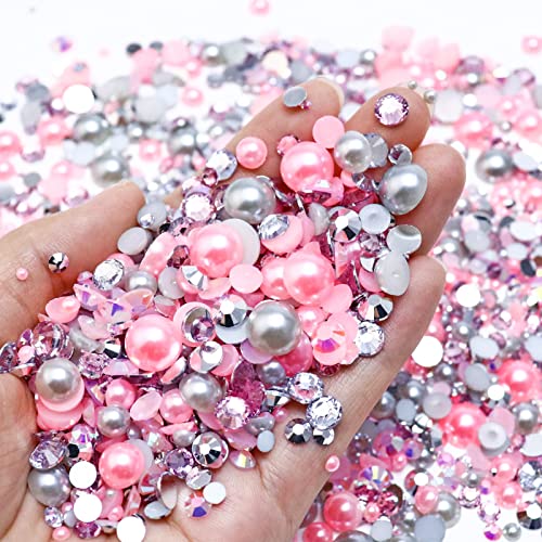 60g Mixed Pearls and Rhinestones, Flatback Rhinestones and Pearls for Nails Face Art, Crafts Tumblers Shoes, Light Pink|Light Gray|Silver - color: Pink Elephants | Mix Light Pink | Light Gray | Silver