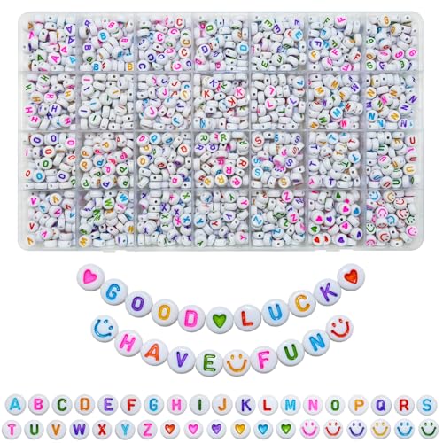 Looconi 1400pcs Colorful Letter Beads Smiley Heart Alphabet Beads 7x4mm White Acrylic for Jewelry Making Bracelet - color: Colorful