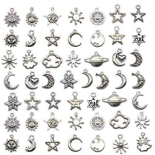 Mixed Moon and Star Charms Pendants Necklace Earrings Bracelet Charms DIY for Crafting, Jewelry Making Accessory - color: Silver 50pcs