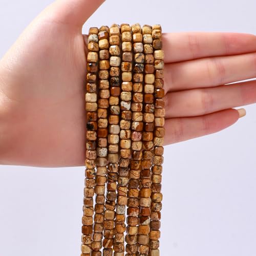 Natural Faceted Brown Picture Jasper Cube Stone Beads 5-5.5mm 60pcs/str Loose Square Semi Gemstone Stone Beads for Making Bracelets Necklace Earrings - color: Brown Picture Jasper