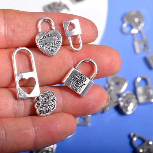 stino 100 Gram Metal Charms for Jewelry Making, Silver & Gold Plated, Bulk Pack for Bracelets, Necklaces, Crafts - color: Heart Lock Silver