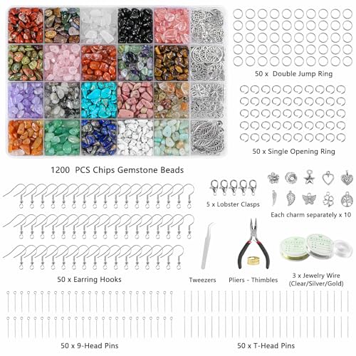 Ouubuuy Jewelry Making Kits for Adults Women with 1200pcs 20 Colors Crystals Beads,Natural Irregular Crystal Chips for DIY Jewelry Bracelet Earring Necklace Craft Making