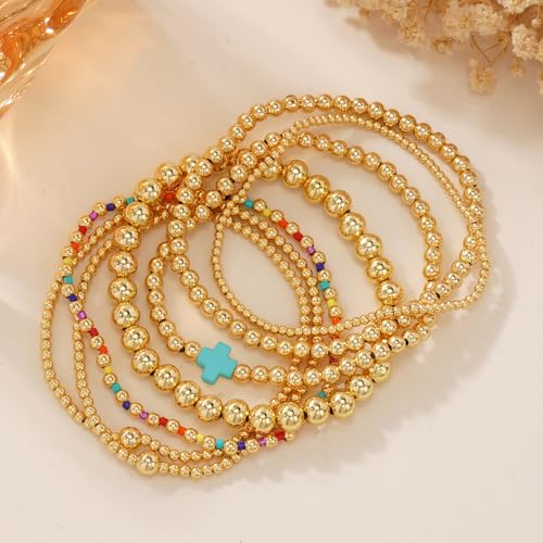 14K Gold Beaded Cross Beaded Bracelet Stack Set for Women,7PCS Bohemian Colorful Beads Ball Stretch Stackable Bracelets Trendy Holiday Birthday Gift - color: Blue