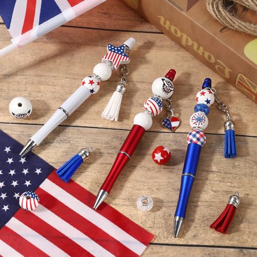 Vellibring 12 Set Independence Day Beadable Pens, 4th of July Patriotic Bead Pens with Assorted Wooden Beads Pendants for DIY Present Students Teens School Office Supplies