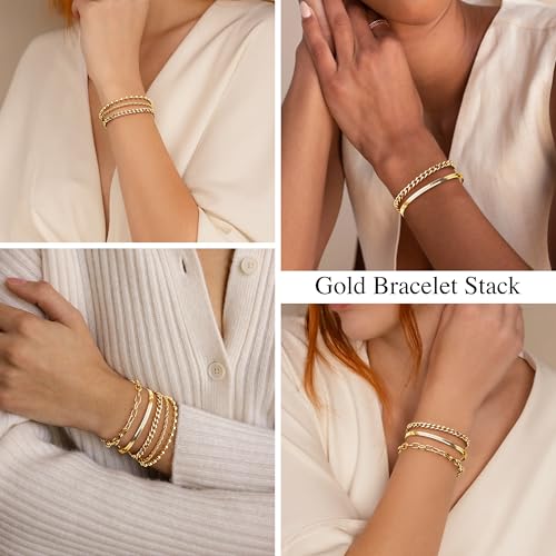 Gold Bracelets Set for Women Stack, Chunky Thick Bracelets Stack for Women Trendy, Simple Dainty Thin Gold Plated Cuff Stackable Bracelets With Beaded Cuban Paperclip Snake Rope Bangle Hand Chain Jewelry - style: Style 06-gold