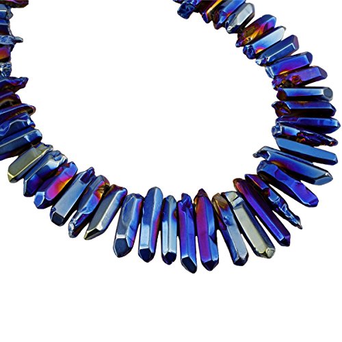 rockcloud Natural Rock Crystal Points Titanium Coated Clear Quartz Sticks Spikes Top Drilled 15 inch Strand,Blue - color: #18-Blue Coated(Polished)