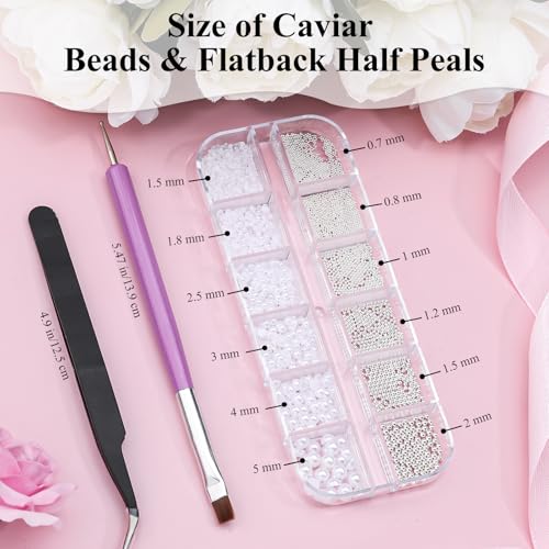 3D Mini Small Caviar Nail Beads Balls, 0.7-2mm Silver Nail Art Beads 1.5-5mm White Nail Pearls Half Round Flatback Pearl Nail Charms with Pickup Tools for Nails Face Eyes Makeup(31-K1-4) - color: 31-K1-4
