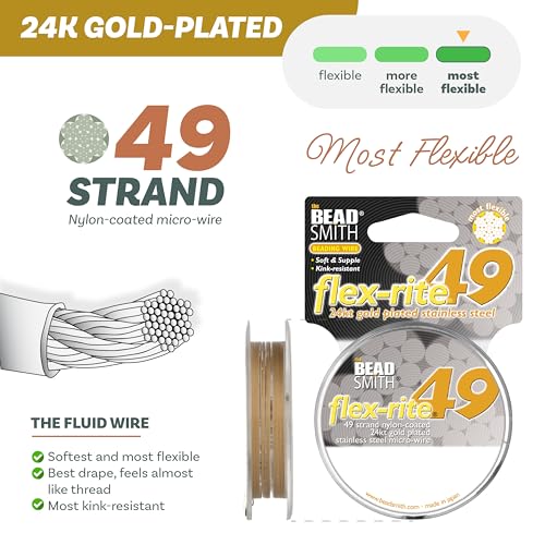 The Beadsmith Flex-Rite Beading Wire - 49-Strand Nylon-Coated Stainless-Steel Wire, 0.018" (0.45 mm) Dia, 24k Gold-Plated, 10 ft Spool, Durable Necklace & Bracelet String, for Jewelry Making Supplies - color: 24k Gold-Plated, size: .018” Dia - 10 Ft