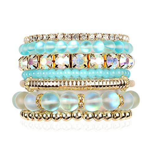 RIAH FASHION Multi Color Stretch Beaded Stackable Bracelets - Layering Bead Strand Statement Wrap Bangles - color: Mermaid Glass - Aqua Mint, size: 7.0 Inches Length