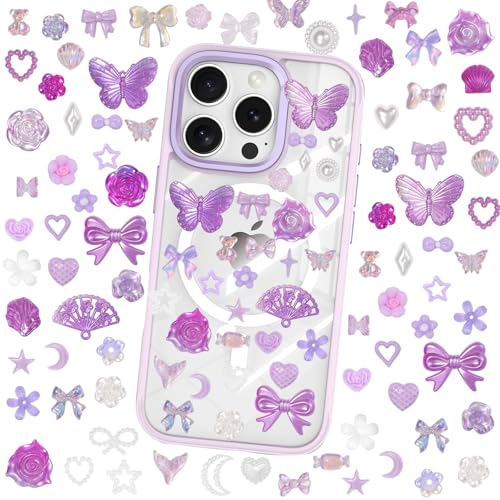Cynailli 350 Pcs Junk Case Charms Purple 3D Resin ABS Rose Flower Bows Butterfly Charm with Bows Moon Heart Pearls Fun Beads Flatback Resin Charms for Craft DIY - color: color-S7