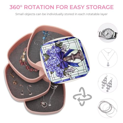 Stained Glass Bundle of Violets with A Bow Jewelry Boxes for Women, Earring Holder Organizer Rotating Jewelry Organizer for Necklaces Bracelets Ring