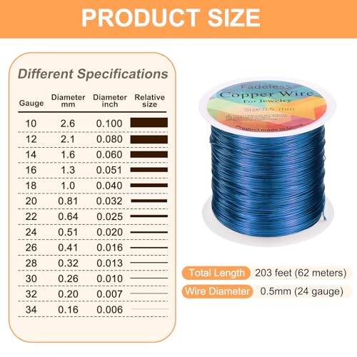 HARFINGTON Wire 203ft Length 24 Gauge Copper Craft Jewelry Wrapping Wire Tarnish Resistant Beading for Jewelry Making Supplies Crafting, Blue - color: Blue