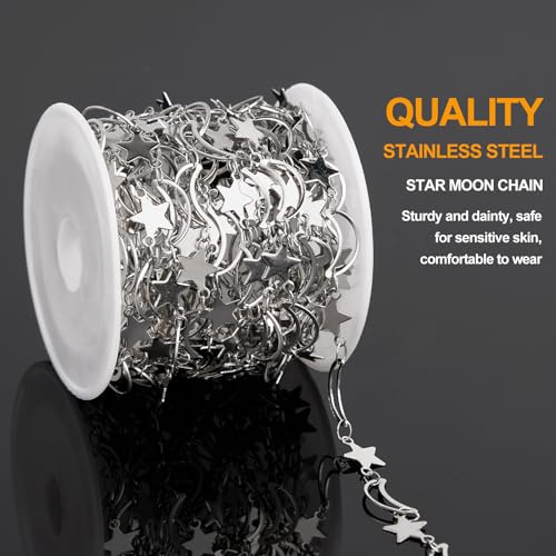 KYUNHOO 13 Feet Stainless Steel Chain for Jewelry Making Silver Moon Star Links Chain Roll with Lobster Clasps and Jump Rings - color: Star Silver