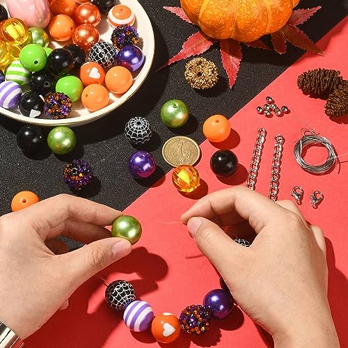 DanLingJewelry 50Pcs Mixed Styles 20mm Acrylic Halloween Bubblegum Beads Cobweb Heart Round Beads for Festival Jewelry Making DIY - color: 50pcs - Halloween