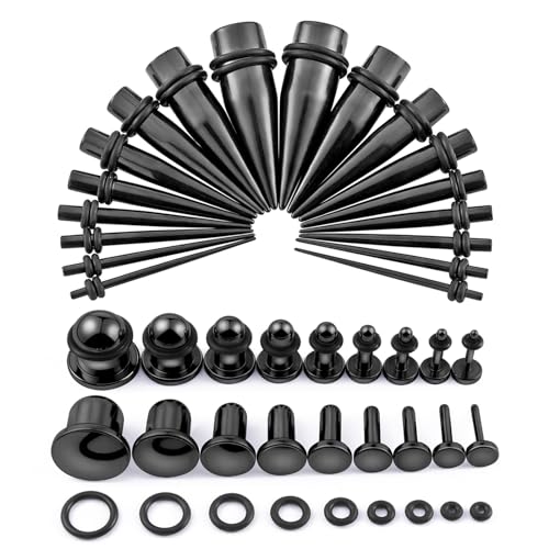 Longbeauty 14G-00G 36pcs Ear Gauges Stretching Kit Surgical Steel Tapers for Ears Gauge Starter Kits Single Flat Top Gauges Plugs for Women Men - color: Black