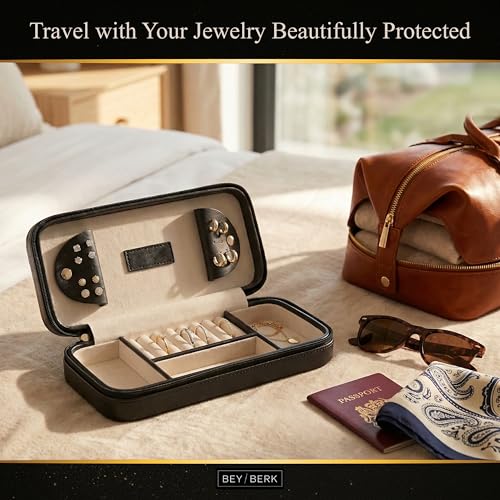 Bey-Berk Diamond-Quilted Leather Travel Jewelry Case, Black, 9" x 4" x 1.75" - color: Black