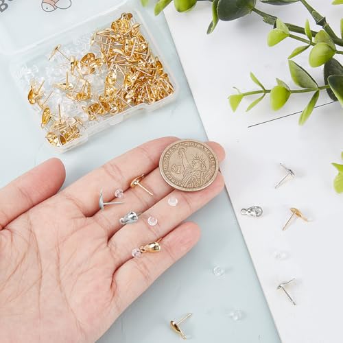 Beebeecraft 1 Box 100Pcs Stud Earring Findings 18K Gold Plated 304 Stainless Steel Teardrop Earrings Studs Findings with Horizontal Loops Ear Nuts for DIY Jewelry Making (Gold, Silver) - color: Gold & Stainless Steel