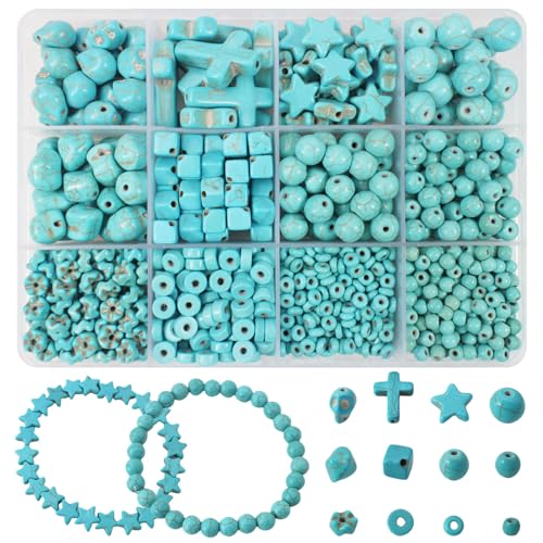 Turquoise Beads Sets for Jewerly Making 1183pcs Natural Turquoise Howlite Stone Cross-Skull Head-Heishi Space Rocks Assorted Beads Accessories for DIY Crafts-Necklace-Charms-Bracelet - color: Turquoise Set