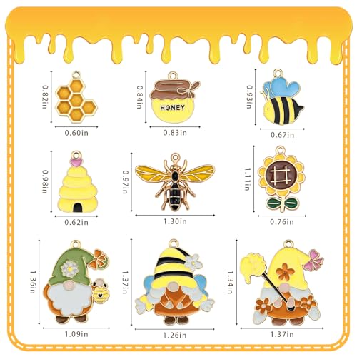 40Pcs Cartoon Enamel Bee Charms Set, 20 Styles Assorted Honeybee Honeycomb & Gnome Alloy Pendants for Jewelry Making Crafts DIY Necklace Bracelet Keychain Crafting Charms Kit