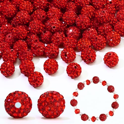 Dowarm 110PCS 10MM Red Rhinestone Beads for Jewelry Making, Round Rhinestone Clay Beads for Crafts Bracelet Baseball Necklace Beaded Pen, Polymer Shamballa Pave Disco Ball Bead - color: 20-Red | Siam, size: 10MM