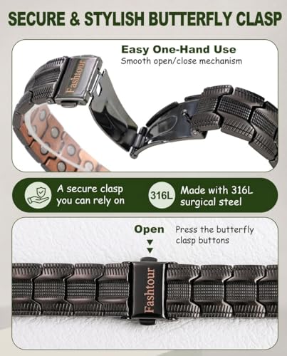 Copper Bracelet for Men, 2X Strength 99.99% Pure Copper Magnetic Bracelet with Magnets, Butterfly Clasp Design, Adjustable Length with Sizing Tool - color: Black