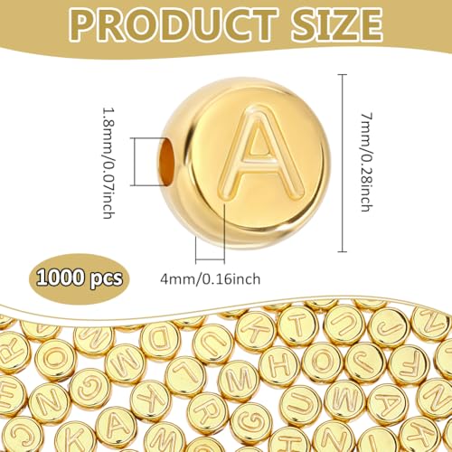 1000Pcs Plastic Letter Beads Horizontal Hole Flat Round Disc Letters Spacers Bead Alphabet Pattern Loose Beads for Bracelets Necklace Earrings Jewelry Making DIY Craft Golden - color: Golden