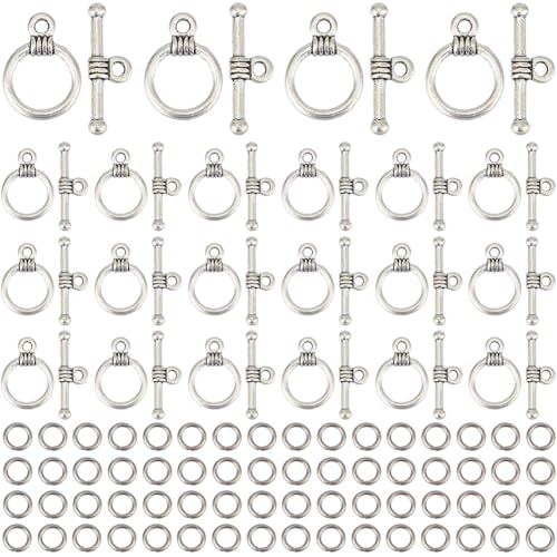 1 Box 120 Sets Toggle Jewelry Clasp Sets Bracelet Toggle Clasp Silver Alloy Closures OT Round Buckle End t Bar Clasp Connectors with Jump Rings Set for DIY Jewelry Making Accessories Craft - style: Style 2