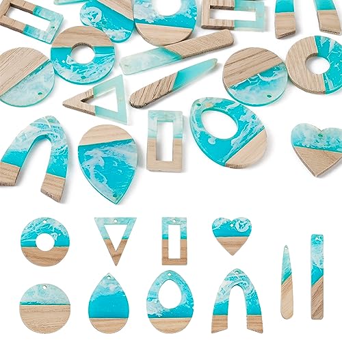 FASHEWELRY 20Pcs Ocean Resin Wood Earring Charms Transparent Wooden Earring Blanks Blue Geometry Boho Charms Summer Wooden Earring Pieces for DIY Jewelry Making - color: Ocean Theme