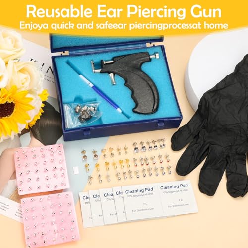 Professional Ear Piercing Gun, Reusable Ear Piercing Machine with Stainless Steel Piercing Studs, Colorful Crystal Earrings Set for At Home Salon Earlobe Cartilage Helix Tragus Piercing Tool Kit - color: Dark Black