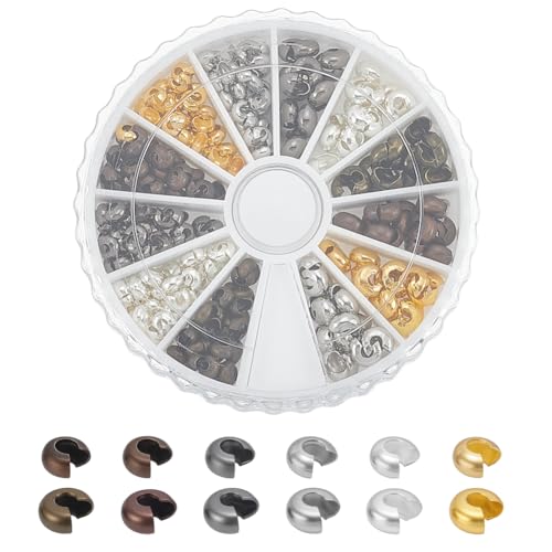 PH PandaHall 420 pcs 6 Colors 3mm 4mm Brass Crimp Bead Cover Knot Cover Cap Cord End Caps for Earring Bracelet Necklace Jewelry DIY Craft Making, Mixed Colors
