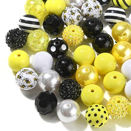 DanLingJewelry 50Pcs 20mm Bee Acrylic Beads - Yellow Black Round Ball Dot Stripe Printed Beads for DIY Crafts Bracelet Jewelry Making - color: 50pcs - bee