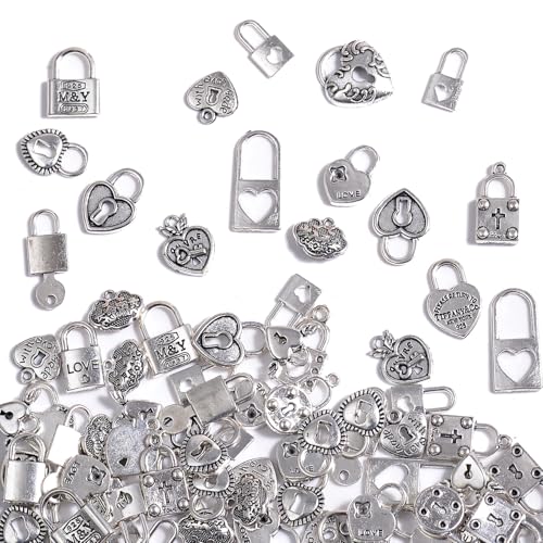 stino 100 Gram Metal Charms for Jewelry Making, Silver & Gold Plated, Bulk Pack for Bracelets, Necklaces, Crafts - color: Heart Lock Silver