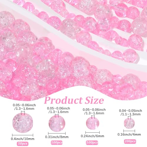 1 Box 450PCS 4/6/8/10MM Pink Crack Beads with Holes Round Glass Crackle Painted Transparent Smooth Small Spacer Loose Bead Bulk for Jewelry Making Necklace Bracelets DIY Crafts Supplies - color: Pink