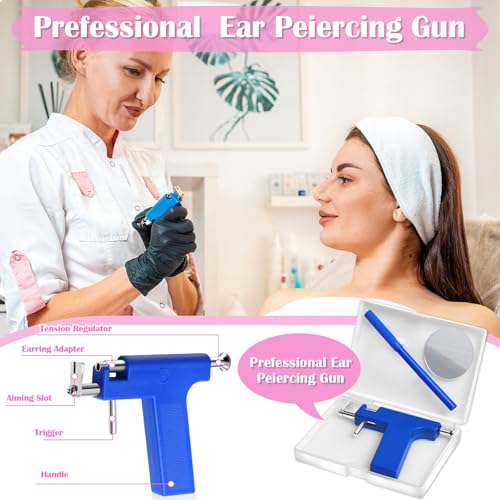 Ear Piercing Gun Kit, Reusable Ear Nose Piercing Gun Machine with Stainless Steel Piercing Earrings Studs, Crystal Earrings for At Home Salon Earlobe Cartilage Helix Tragus Piercing Tool Set - color: Blue