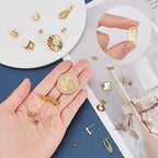 SUNNYCLUE 1 Box 46Pcs 16 Styles Stainless Steel Stud Earring Finding Including 32pcs Hypoallergenic Ear Stud & 14Pcs Ear Nuts for Women Beginners DIY Earring Jewellery Making Crafts, Golden - color: 16 Pairs Golden Tone Stud Earring Findings