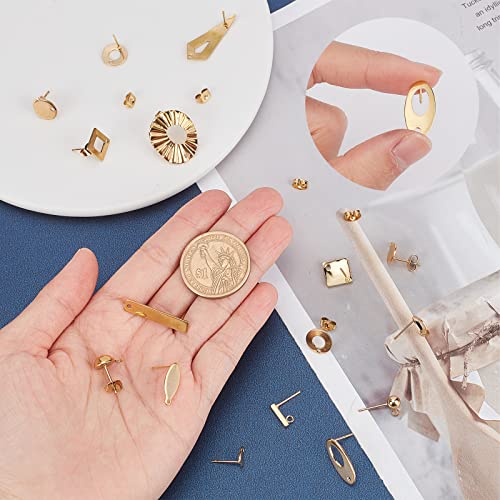 SUNNYCLUE 1 Box 46Pcs 16 Styles Stainless Steel Stud Earring Finding Including 32pcs Hypoallergenic Ear Stud & 14Pcs Ear Nuts for Women Beginners DIY Earring Jewellery Making Crafts, Golden - color: 16 Pairs Golden Tone Stud Earring Findings