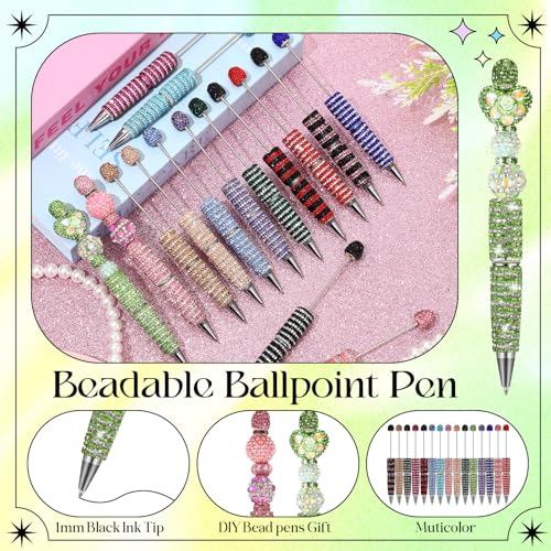 Tondiamo 45 Pcs Full Rhinestone Beadable Pens Bulk Set 15 Glitter Diamond Pens with Cards & Bags Fancy Beaded Pen for Beads DIY Cute Journalling Bling Ballpoint Craft Making(Stripe Diamonds) - style: Stripe Diamonds