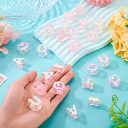 FASHEWELRY 50Pcs UV Plating Rainbow Iridescent Acrylic Letter Beads with Large Hole Large Letter Blocks Charms 3D Letters Chunky Vowel Alphabet Beads for Key Chains Necklace DIY Arts Craft (Pink) - color: Pink, size: Vowels