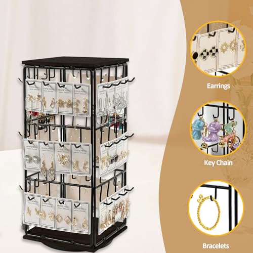 Yuehuam 360 Rotating Earring Display Stand, 48 Hooks Jewelry Rack with Wooden Base for Earring Card Selling, Earring Holder Organizer for Vendors