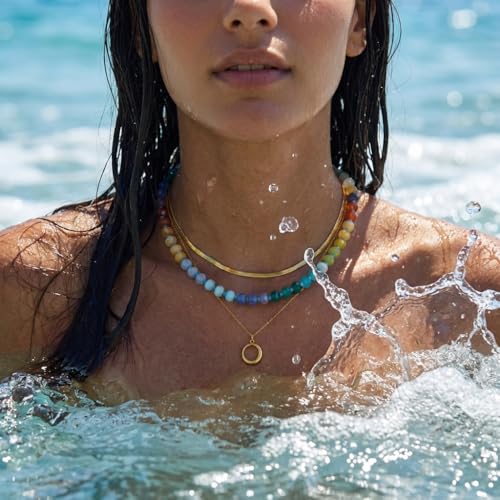 Gmai Layered Beaded Necklace for Women Colorful Trendy Snake Chain Circle Pendant Choker Gold Chain Adjustable Length Bohemian Rainbow Stackable Necklaces Jewelry Gift - style: Blue yellow red string beads