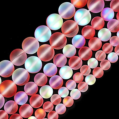 Matte Red Aurora Crystal Glass Beads, 8MM Frosted Glitter Shining Mermaid Round Loose Beads, Rainbow Holographic Synthetic Moonstone for Jewelry Making DIY Bracelet - color: Red, size: 8MM