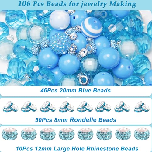 106 Pcs 20mm Beads for Pens Making with Rondelle Spacer Beads Sky Blue Acrylic Focal Bubblegum Bead Crystal Round Sparkly Chunky Bead for Pens Beadable Keychain DIY Craft Jewelry Making Supplies - color: Sky Blue
